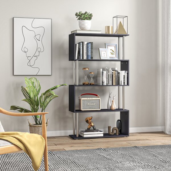 HOMCOM S-Shaped Bookcase, Contemporary Wooden Bookshelf Dividers, Spacious Storage Display Unit, Elegant Black, Ideal for Home and Office Aosom UK