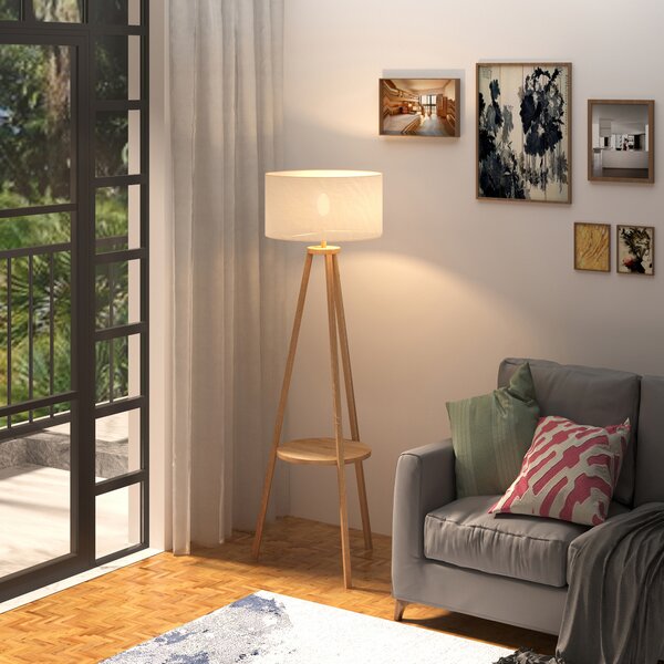 HOMCOM Freestanding Tripod Floor Lamp Bedside Light Reading Light with Storage Shelf Linen Shade for Living Room Bedroom, 154cm, Cream Aosom UK