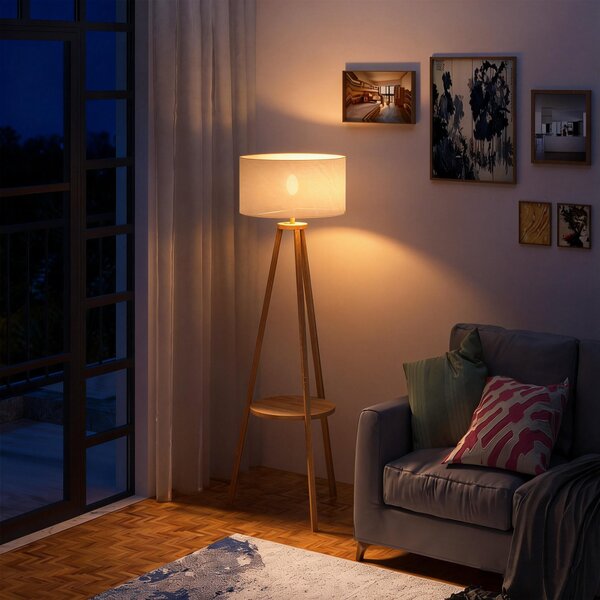 HOMCOM Freestanding Tripod Floor Lamp Bedside Light Reading Light with Storage Shelf Linen Shade for Living Room Bedroom, 154cm, Cream Aosom UK