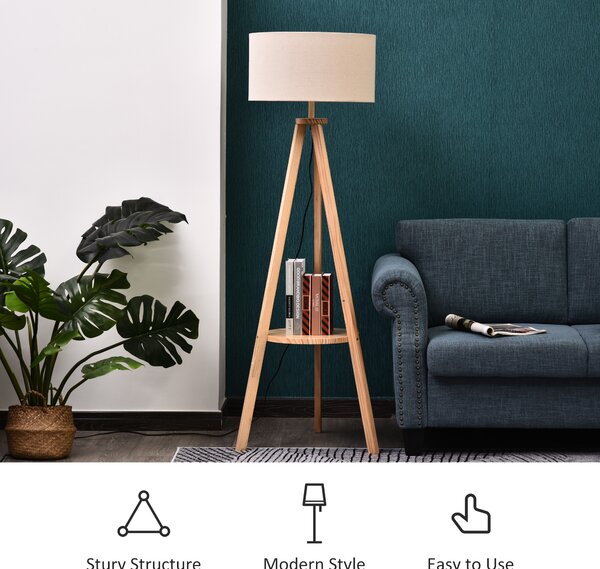 HOMCOM Freestanding Tripod Floor Lamp Bedside Light Reading Light with Storage Shelf Linen Shade for Living Room Bedroom, 154cm, Cream Aosom UK