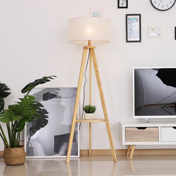 HOMCOM Freestanding Tripod Floor Lamp Bedside Light Reading Light with Storage Shelf Linen Shade for Living Room Bedroom, 154cm, Cream Aosom UK