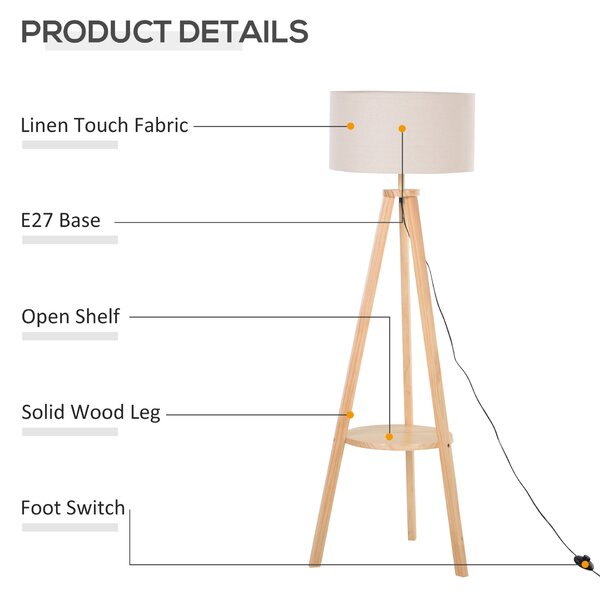 HOMCOM Freestanding Tripod Floor Lamp Bedside Light Reading Light with Storage Shelf Linen Shade for Living Room Bedroom, 154cm, Cream Aosom UK