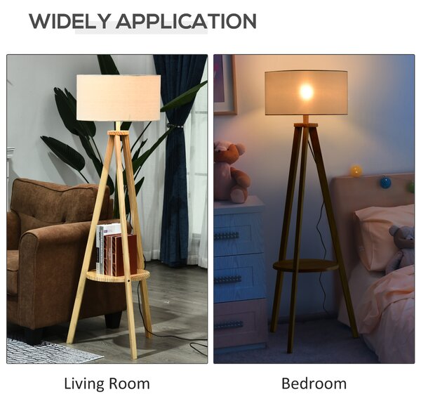 HOMCOM Freestanding Tripod Floor Lamp Bedside Light Reading Light with Storage Shelf Linen Shade for Living Room Bedroom, 154cm, Cream Aosom UK