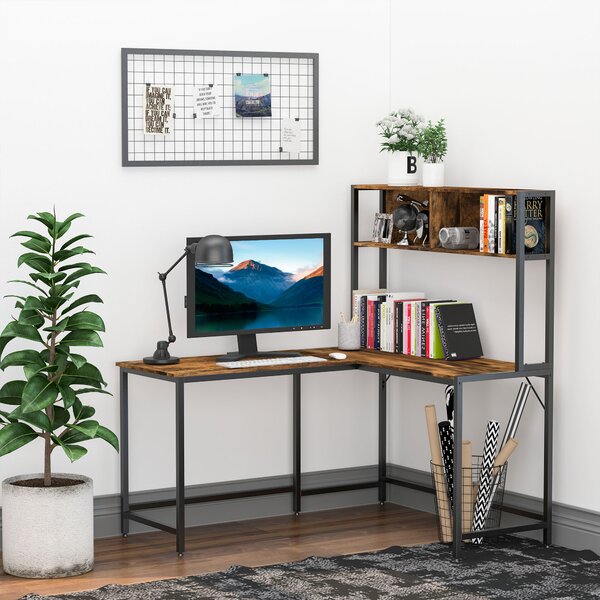 HOMCOM Industrial L-Shaped Work Desk & Storage Shelf Steel Frame Adjustable Feet Corner Workstation Home Office Study Stylish Brown Black Aosom UK