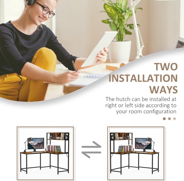 HOMCOM Industrial L-Shaped Work Desk & Storage Shelf Steel Frame Adjustable Feet Corner Workstation Home Office Study Stylish Brown Black Aosom UK
