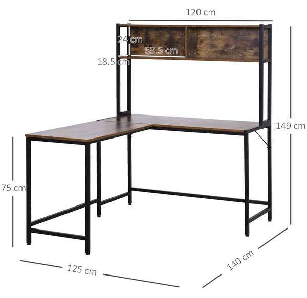HOMCOM Industrial L-Shaped Work Desk & Storage Shelf Steel Frame Adjustable Feet Corner Workstation Home Office Study Stylish Brown Black Aosom UK