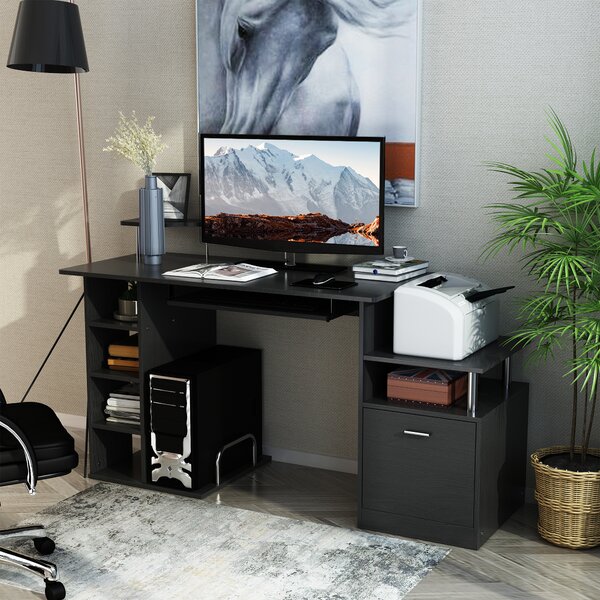 HOMCOM Computer Desk PC Workstation with Drawer Shelves CPU Storage Rack Home Office Furniture (BLACK) Aosom UK