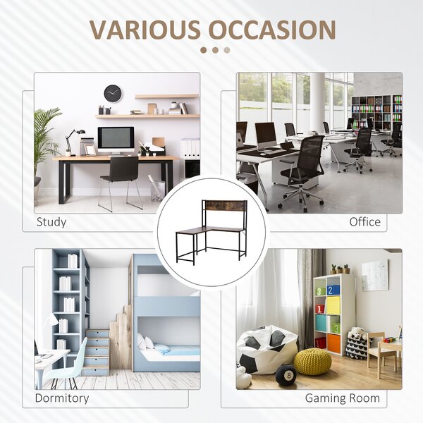 HOMCOM Industrial L-Shaped Work Desk & Storage Shelf Steel Frame Adjustable Feet Corner Workstation Home Office Study Stylish Brown Black Aosom UK