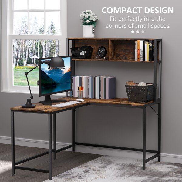 HOMCOM Industrial L-Shaped Work Desk & Storage Shelf Steel Frame Adjustable Feet Corner Workstation Home Office Study Stylish Brown Black Aosom UK