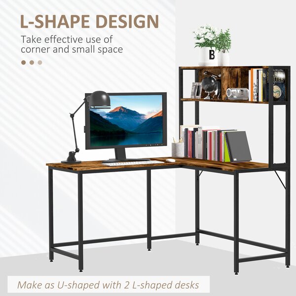 HOMCOM Industrial L-Shaped Work Desk & Storage Shelf Steel Frame Adjustable Feet Corner Workstation Home Office Study Stylish Brown Black Aosom UK