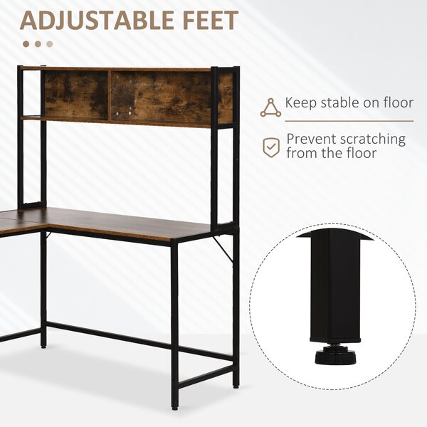 HOMCOM Industrial L-Shaped Work Desk & Storage Shelf Steel Frame Adjustable Feet Corner Workstation Home Office Study Stylish Brown Black Aosom UK