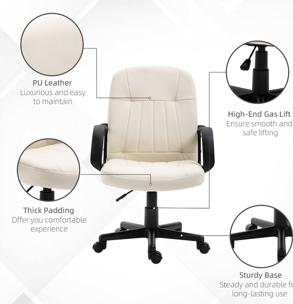 HOMCOM Swivel Executive Office Chair Home Office Mid Back PU Leather Computer Desk Chair for Adults with Arm, Wheels, Cream Aosom UK