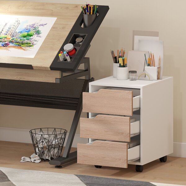 HOMCOM Mobile File Cabinet, Small Filing Cabinet with 3 Drawers, Lockable Casters for Office, Oak & White Aosom UK