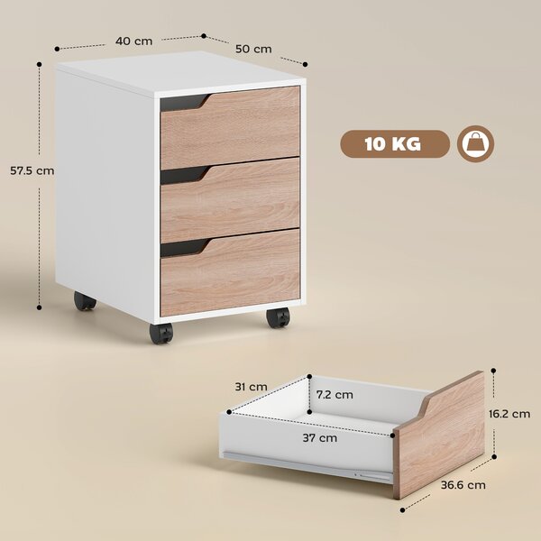 HOMCOM Mobile File Cabinet, Small Filing Cabinet with 3 Drawers, Lockable Casters for Office, Oak & White Aosom UK