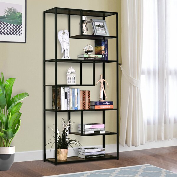 HOMCOM Wood Shelf Bookcase Industrial Style Stand 6-Staggered Shelf Living Room Display Rack Organiser Aosom UK