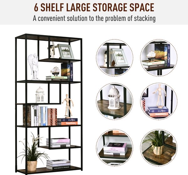 HOMCOM Wood Shelf Bookcase Industrial Style Stand 6-Staggered Shelf Living Room Display Rack Organiser Aosom UK