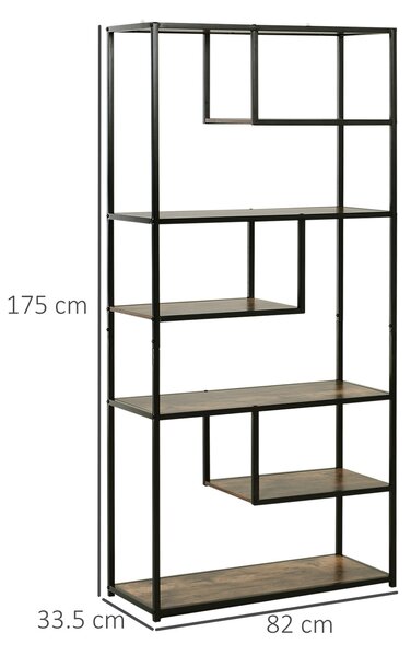 HOMCOM Wood Shelf Bookcase Industrial Style Stand 6-Staggered Shelf Living Room Display Rack Organiser Aosom UK