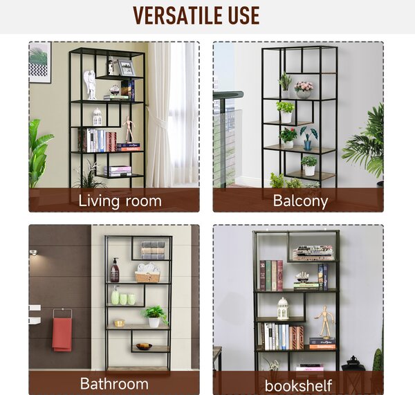 HOMCOM Wood Shelf Bookcase Industrial Style Stand 6-Staggered Shelf Living Room Display Rack Organiser Aosom UK