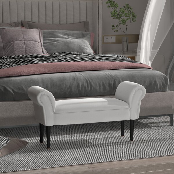 HOMCOM Small Linen Upholstered Ottoman Bench with Rolled Arm End, Elegant Wooden Legs, Compact Design, Grey Aosom UK