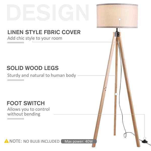 HOMCOM Floor Standing Lamp, Floor Lights with Cylinder Shaped Linen lampshade, Tripod-Style Wooden Base, Brown and Beige Aosom UK