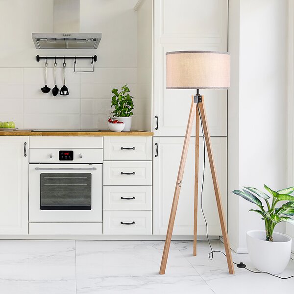 HOMCOM Floor Standing Lamp, Floor Lights with Cylinder Shaped Linen lampshade, Tripod-Style Wooden Base, Brown and Beige Aosom UK