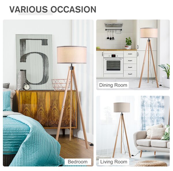 HOMCOM Floor Standing Lamp, Floor Lights with Cylinder Shaped Linen lampshade, Tripod-Style Wooden Base, Brown and Beige Aosom UK