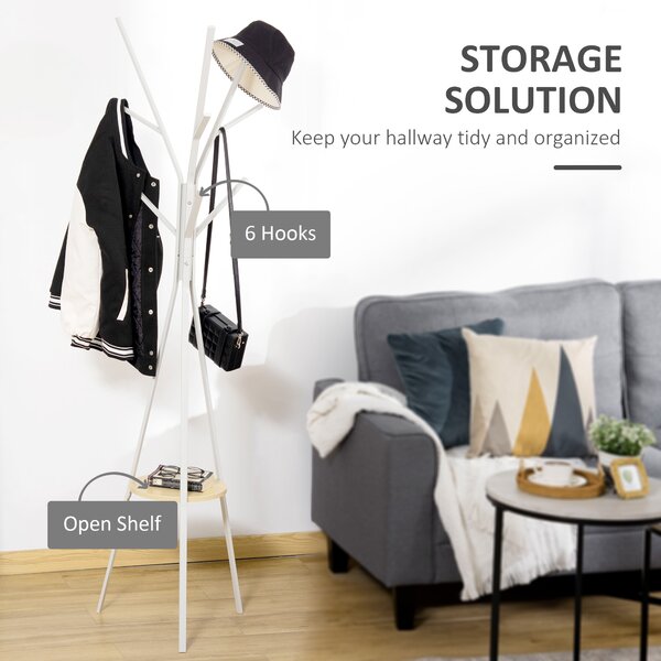 HOMCOM Metal Coat Rack Stand, 180cm Free Standing with 9 Hooks, 1 Shelf for Hats, Bags, Hall Tree Hanger for Hallway, Living Room, White. Aosom UK