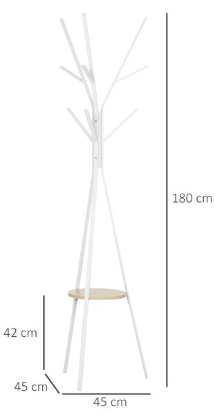 HOMCOM Metal Coat Rack Stand, 180cm Free Standing with 9 Hooks, 1 Shelf for Hats, Bags, Hall Tree Hanger for Hallway, Living Room, White. Aosom UK