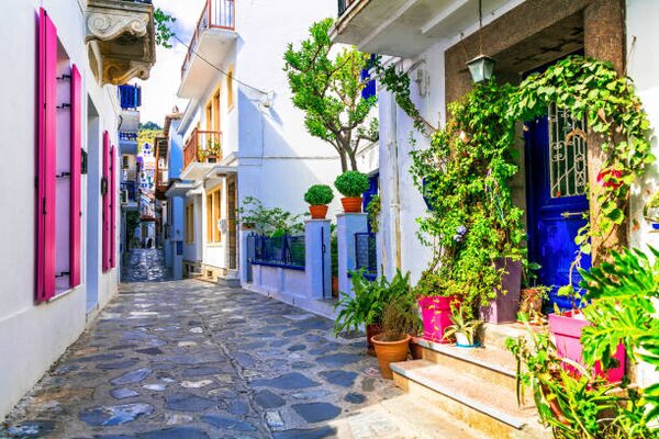 Photography Charming traditional narrow streets of greek, Freeartist