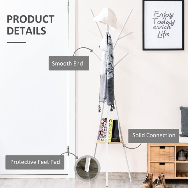 HOMCOM Metal Coat Rack Stand, 180cm Free Standing with 9 Hooks, 1 Shelf for Hats, Bags, Hall Tree Hanger for Hallway, Living Room, White. Aosom UK
