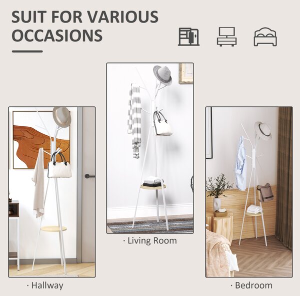 HOMCOM Metal Coat Rack Stand, 180cm Free Standing with 9 Hooks, 1 Shelf for Hats, Bags, Hall Tree Hanger for Hallway, Living Room, White. Aosom UK
