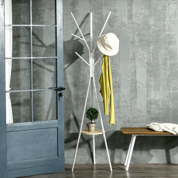 HOMCOM Metal Coat Rack Stand, 180cm Free Standing with 9 Hooks, 1 Shelf for Hats, Bags, Hall Tree Hanger for Hallway, Living Room, White. Aosom UK