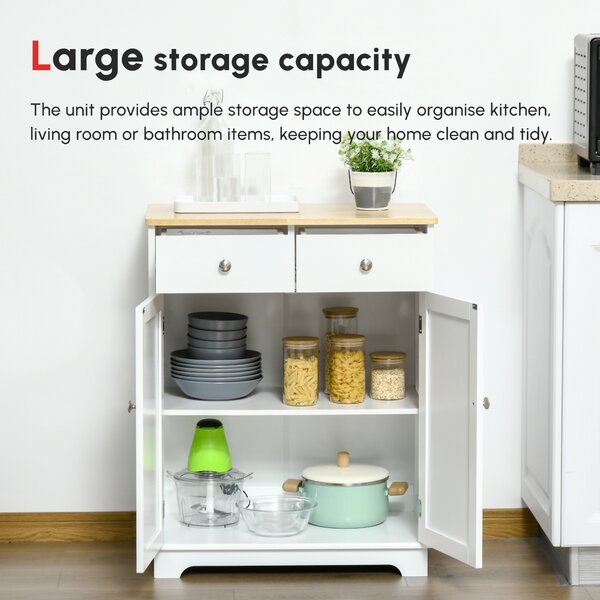 HOMCOM Kitchen Floor Cabinet Side Storage Cupboard Multi-use Sideboard Table with Solid Wood Top, Adjustable Shelf Drawer for Dining Living Room