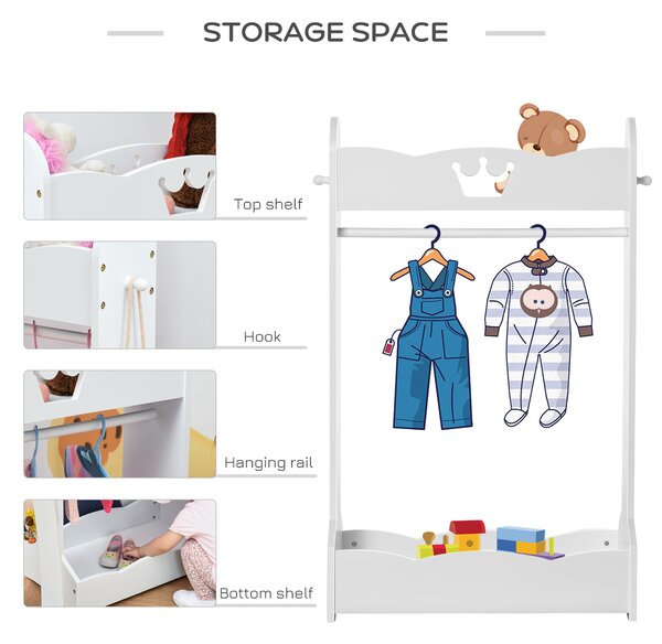 HOMCOM Kids Wood Clothes Rack Hall Tree with Storage Shelves Children Garment Rack Freestanding Wardrobe for 3-8 Years Toddler, White Aosom UK