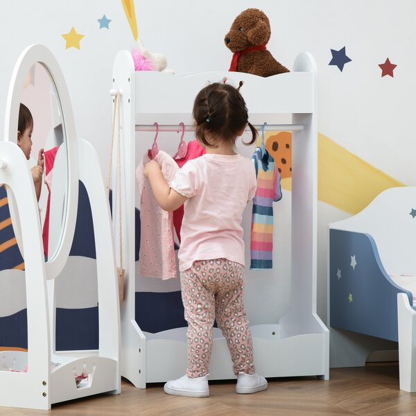 HOMCOM Kids Wood Clothes Rack Hall Tree with Storage Shelves Children Garment Rack Freestanding Wardrobe for 3-8 Years Toddler, White Aosom UK
