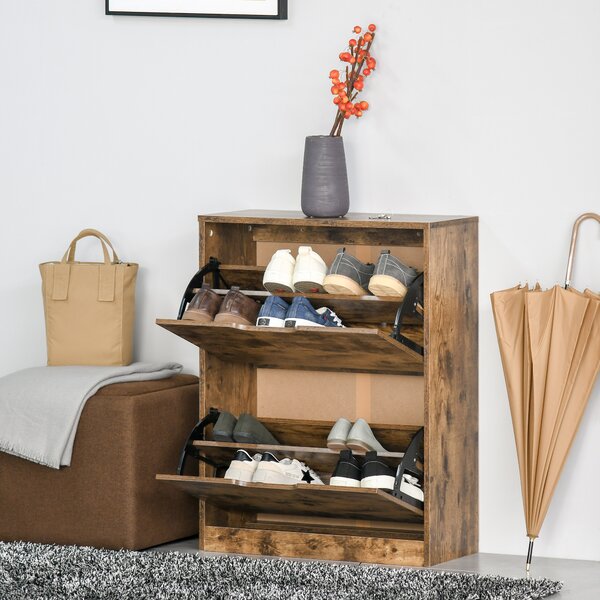 HOMCOM Wooden 2 Drawer Shoe Cabinet, Industrial Hallway Storage Organiser with Flip Doors, Adjustable Shelf, Rustic Brown Aosom UK