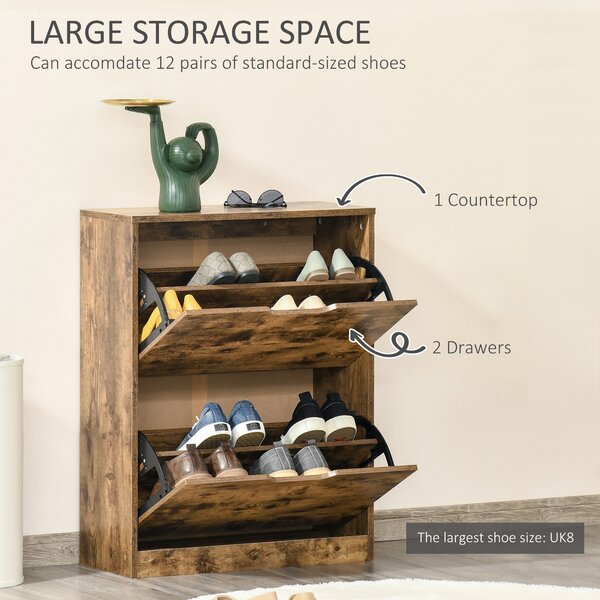 HOMCOM Wooden 2 Drawer Shoe Cabinet, Industrial Hallway Storage Organiser with Flip Doors, Adjustable Shelf, Rustic Brown Aosom UK