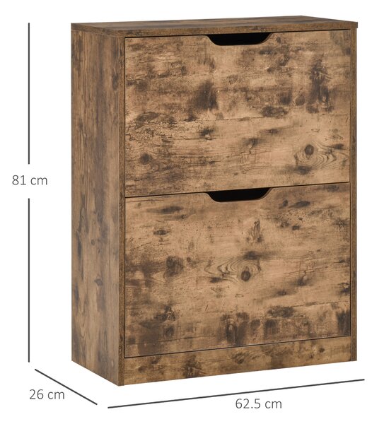 HOMCOM Wooden 2 Drawer Shoe Cabinet, Industrial Hallway Storage Organiser with Flip Doors, Adjustable Shelf, Rustic Brown Aosom UK