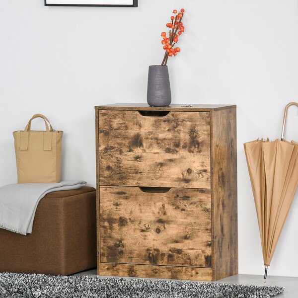 HOMCOM Wooden 2 Drawer Shoe Cabinet, Industrial Hallway Storage Organiser with Flip Doors, Adjustable Shelf, Rustic Brown Aosom UK