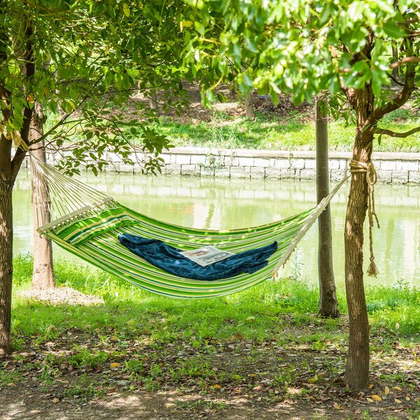 Outsunny Striped Hammock with Pillow, Outdoor Garden Camping Swing Bed, 188L x 140W cm, Blue and White Stripe Aosom UK