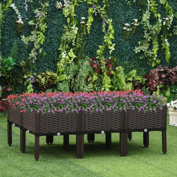 Outsunny Set of 6 Raised Planter Box for Patios, Decks & Condos, Thick Plastic, 40L x 40W x 44H cm, Brown Aosom UK