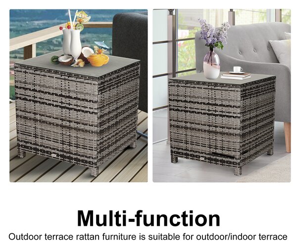 Outsunny Rattan Side Table Garden Furniture Patio Frame Tempered Glass New (Grey)