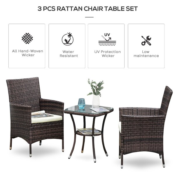 Outsunny 2 Seater Rattan Bistro Set Waterproof Rattan Furniture Bistro Set 3 PCs with Weave Companion Chair & Table Set - Brown Aosom UK
