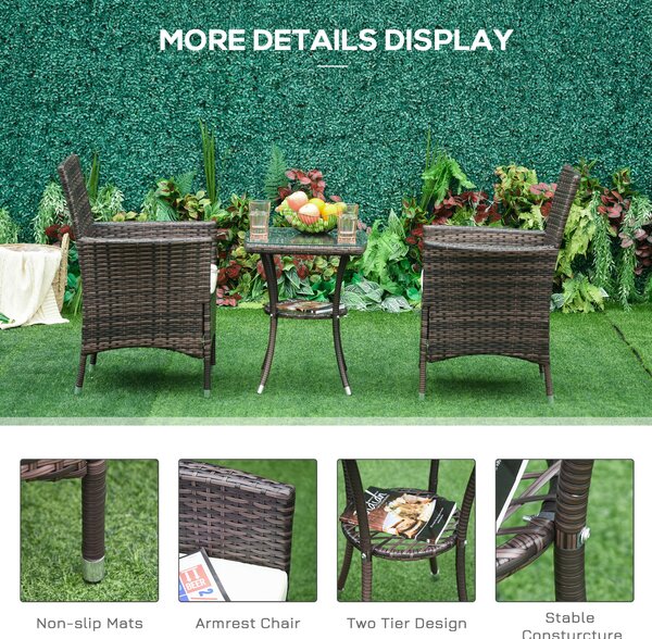 Outsunny 2 Seater Rattan Bistro Set Waterproof Rattan Furniture Bistro Set 3 PCs with Weave Companion Chair & Table Set - Brown Aosom UK