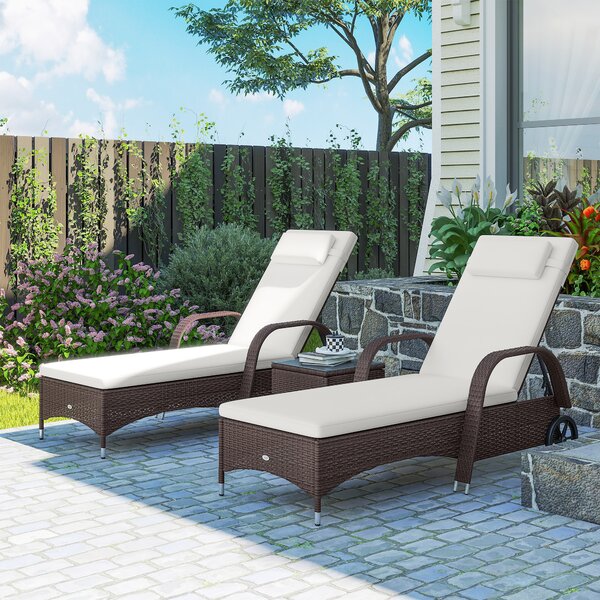 Outsunny 3 Pieces Patio Lounge Chair Set, Garden Wicker Wheeling Recliner Outdoor Daybed, PE Rattan Lounge Chairs w/ Cushions Aosom UK
