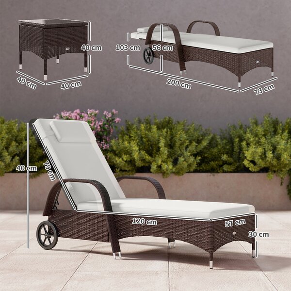 Outsunny 3 Pieces Patio Lounge Chair Set, Garden Wicker Wheeling Recliner Outdoor Daybed, PE Rattan Lounge Chairs w/ Cushions Aosom UK