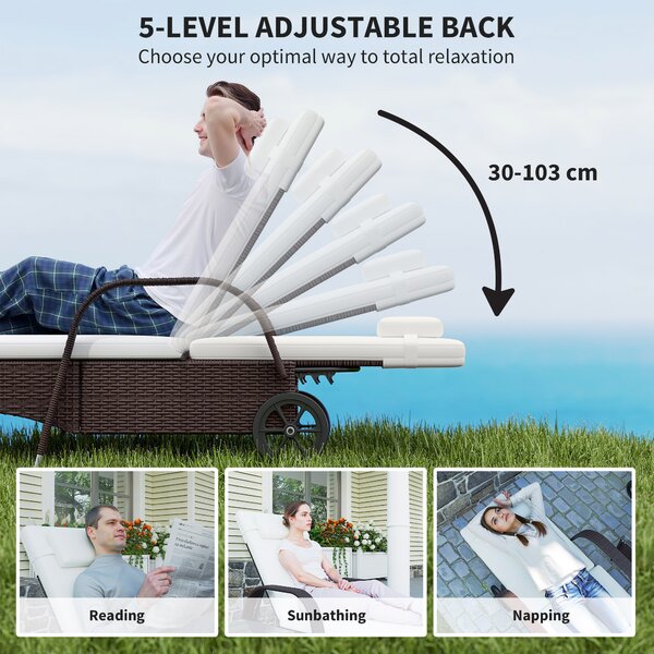 Outsunny 3 Pieces Patio Lounge Chair Set, Garden Wicker Wheeling Recliner Outdoor Daybed, PE Rattan Lounge Chairs w/ Cushions Aosom UK