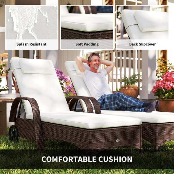 Outsunny 3 Pieces Patio Lounge Chair Set, Garden Wicker Wheeling Recliner Outdoor Daybed, PE Rattan Lounge Chairs w/ Cushions Aosom UK