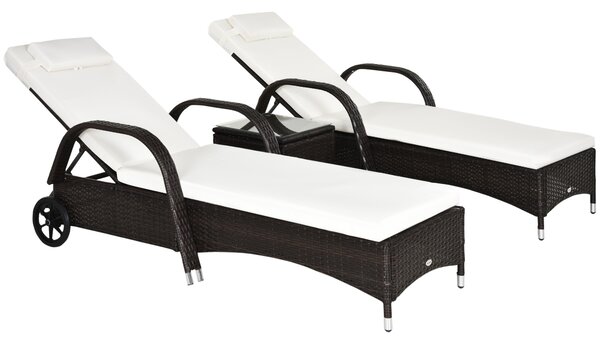 Outsunny 3 Pieces Patio Lounge Chair Set, Garden Wicker Wheeling Recliner Outdoor Daybed, PE Rattan Lounge Chairs w/ Cushions Aosom UK