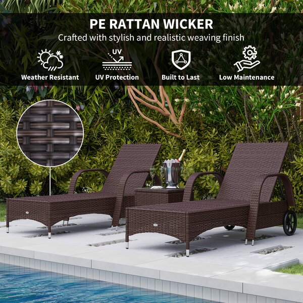 Outsunny 3 Pieces Patio Lounge Chair Set, Garden Wicker Wheeling Recliner Outdoor Daybed, PE Rattan Lounge Chairs w/ Cushions Aosom UK